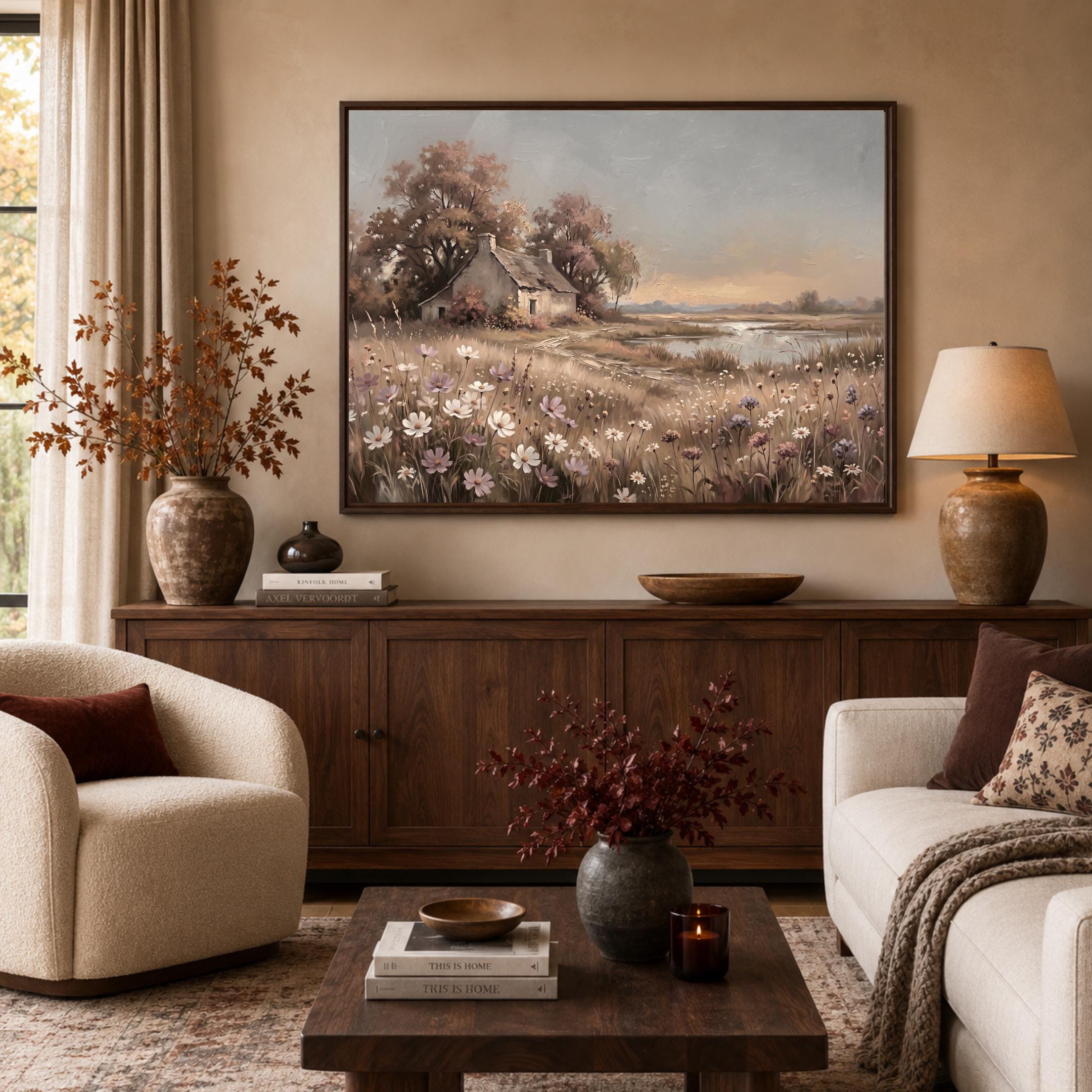 Autumn Cottage Landscape Printable Wall Art, Neutral Wildflower Meadow Rustic Home Decor Digital Download — image 6