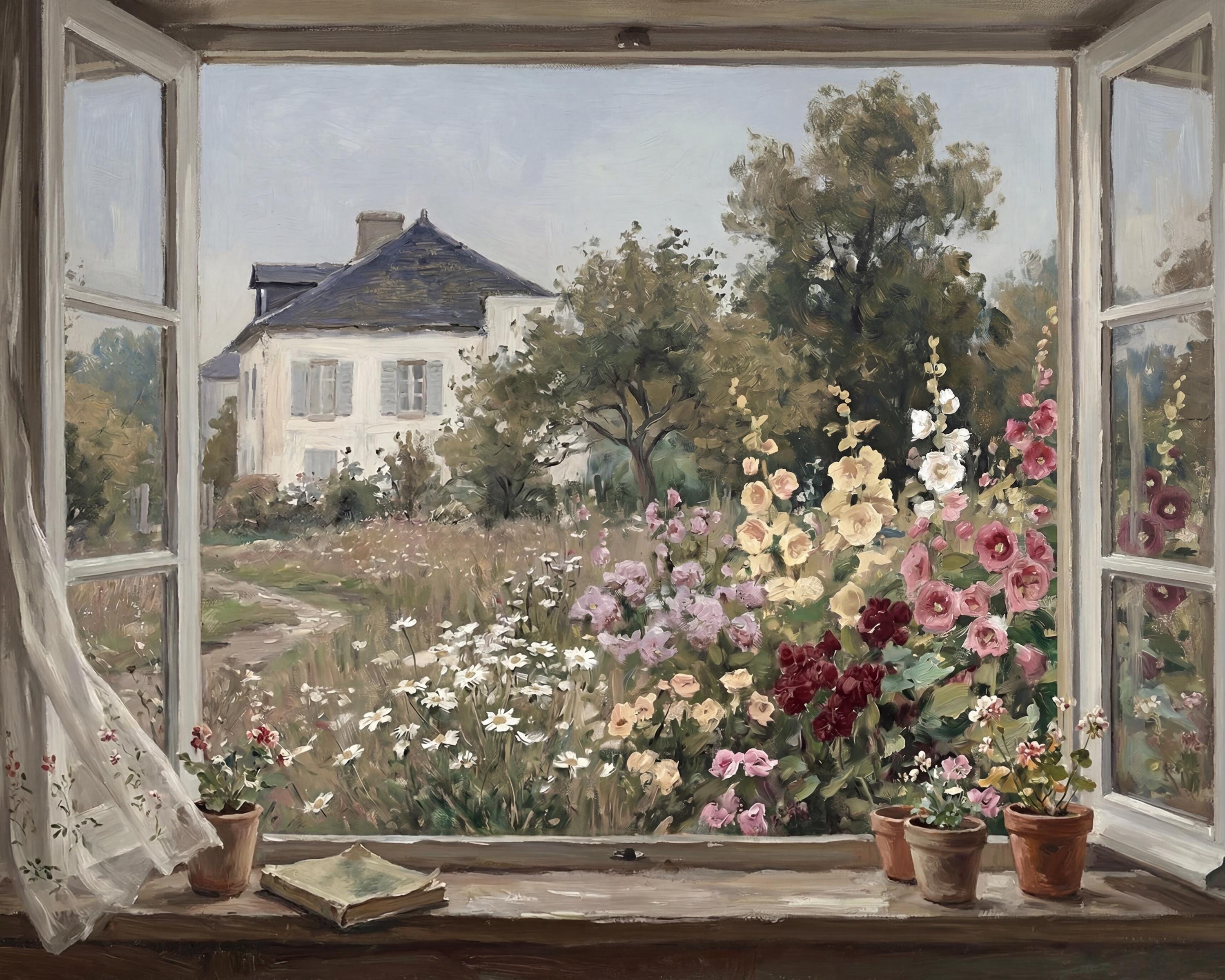 Cottage Window View Wall Art, Garden Floral Landscape, Vintage Painting Farmhouse Decor (Digital Download) — image 2