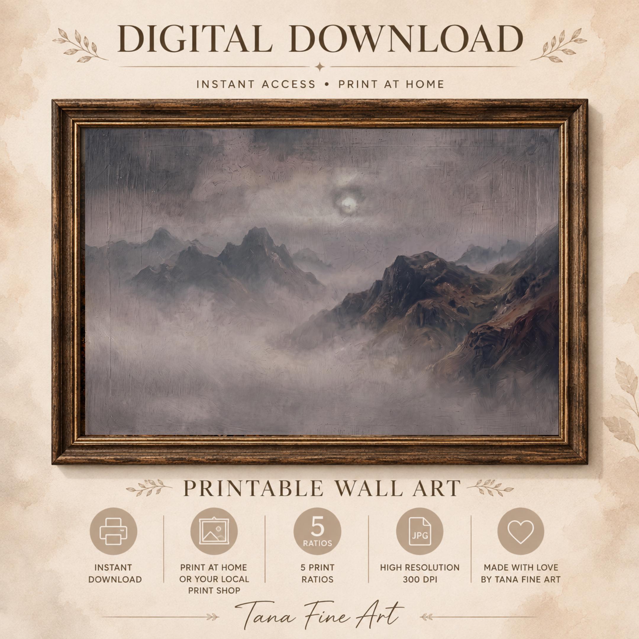 Moody Mountain Wall Art, Vintage Misty Landscape, Dark Academia Decor, Rustic Alpine Digital Download — image 7