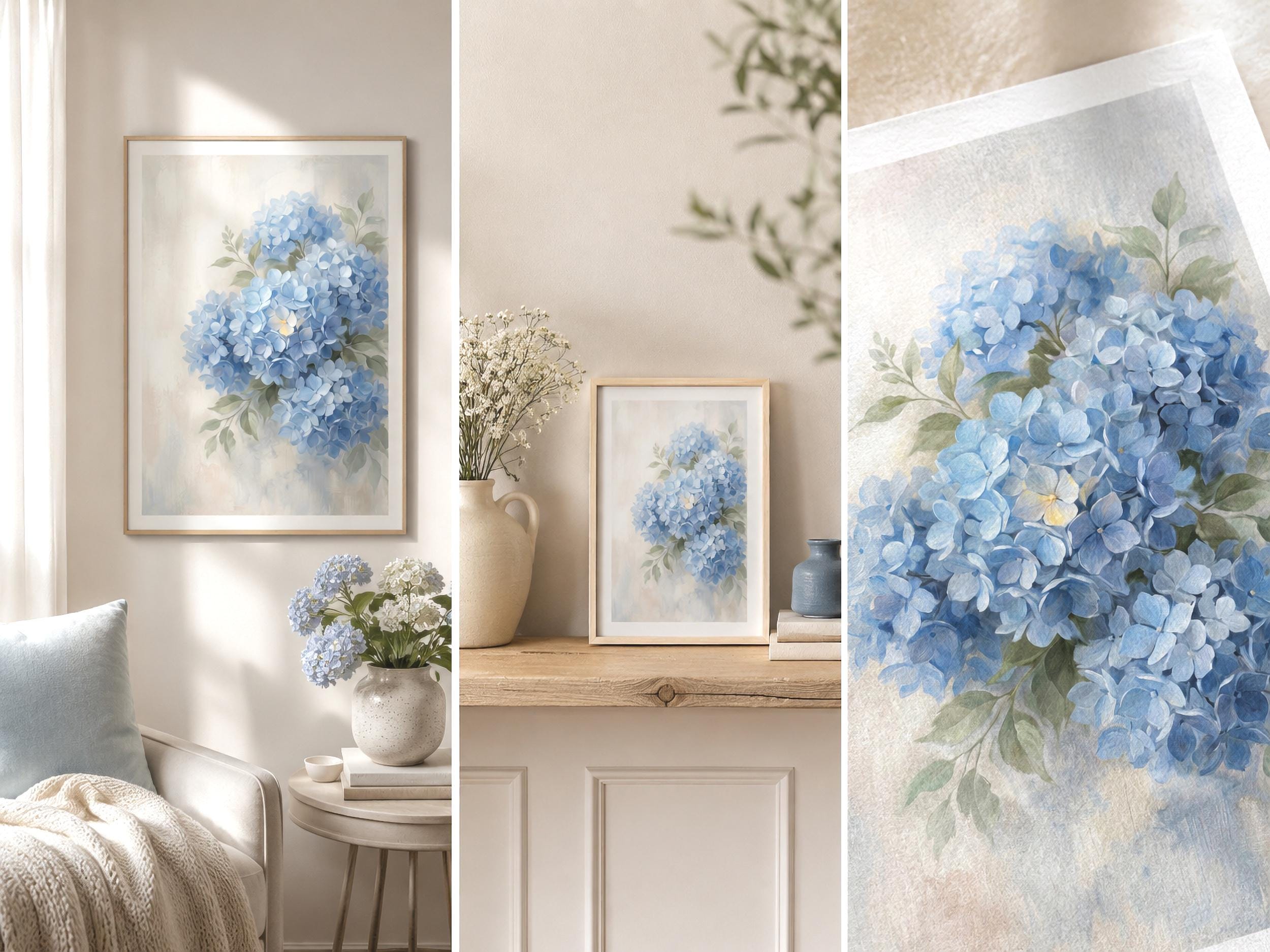 Watercolor Blue Hydrangea Art Print | Neutral Floral Wall Decor (Digital Download) — image 4