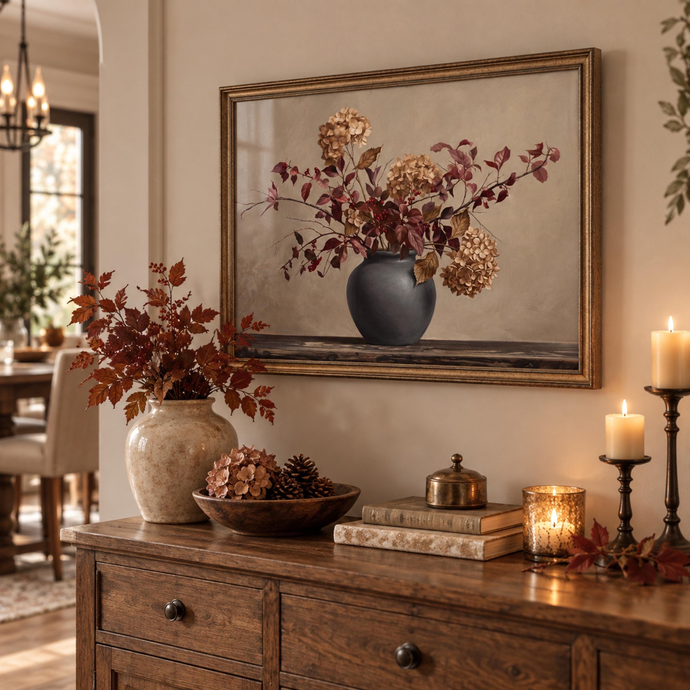 Dried Hydrangea Wall Art, Fall Moody Burgundy Botanical, Dried Flower Print (Digital Download) — image 3