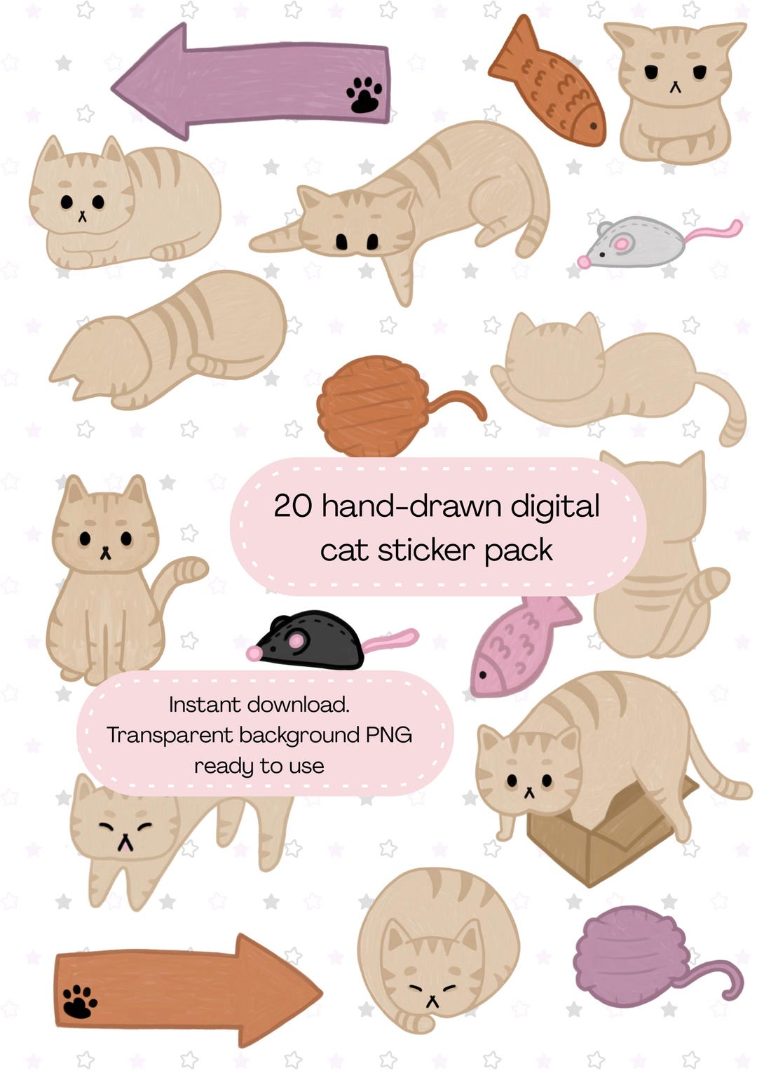 20 Kawaii Digital Cat Sticker Bundle | Pastel Cat Sticker Pack ...