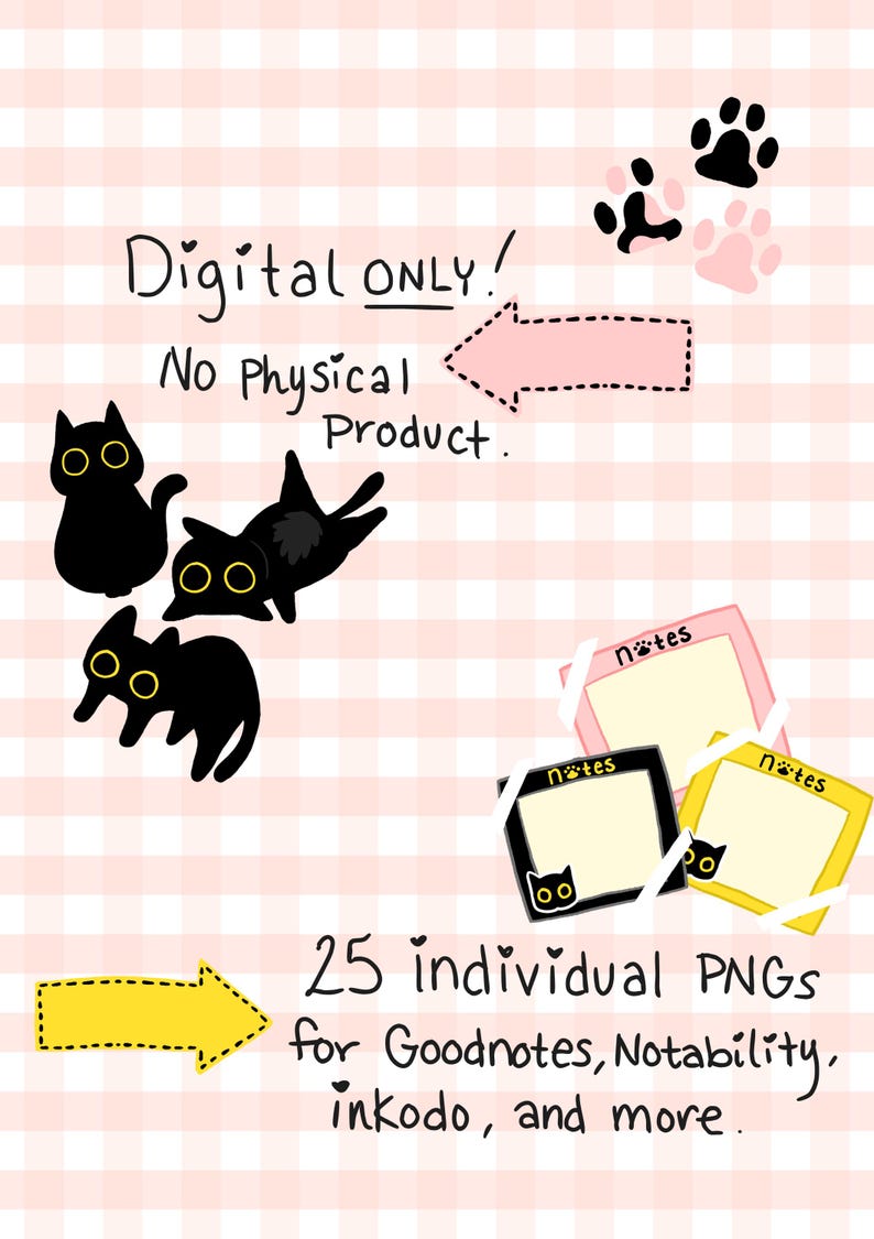 Black Cat Digital Stickers | Kawaii 25 Cat Pngs Bundle | Goodnotes ...