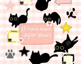 Black Cat Digital Stickers | Kawaii 25 Cat PNGs Bundle | Goodnotes, Notability, Inkodo | For Planners, Journals, Notebooks, and More |