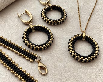 Beaded Jewelry Set – Black and Gold Necklace, Earrings & Bracelet | Miyuki Beads | Gift for Women