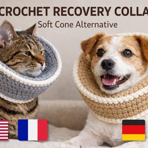 以下が含まれることがあります： 猫と犬が、ソフトコーンの代替品であるかぎ針編みの回復カラーを着用しています。猫のカラーは白のトリムが付いたグレーで、犬のカラーは白のトリムが付いたタンです。「CROCHET RECOVERY COLLAR」というテキストが上部にあります。