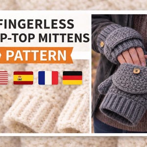 Może przedstawiać: Szare rękawiczki bez palców z klapką i drewnianymi guzikami. Obraz zawiera tekst "FINGERLESS FLIP-TOP MITTENS PATTERN" oraz flagi USA, Hiszpanii, Francji i Niemiec. Rękawiczki wykonane są z teksturowanej dzianiny.