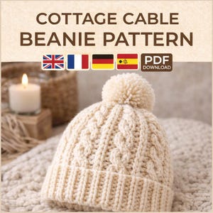 May include: A cream-coloured cable knit beanie with a matching pom-pom. The text "COTTAGE CABLE BEANIE PATTERN" is displayed at the top. The image also includes the flags of the UK, France, Germany, and Spain, along with a "PDF DOWNLOAD" icon.