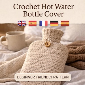 May include: A beige crochet hot water bottle cover with a button closure. The image includes the text "Crochet Hot Water Bottle Cover" and "Beginner Friendly Pattern". A mug and a knitted blanket are in the background.
