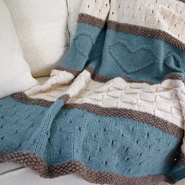 Knit Blanket Pattern, Knit Heart Blanket - Easy Knitting Patterns by Deborah O'Leary - English Only