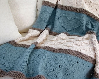 Knit Blanket Pattern, Knit Heart Blanket - Easy Knitting Patterns by Deborah O'Leary - English Only