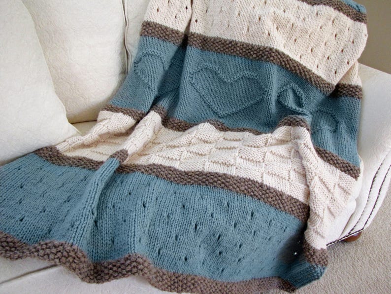 Knit Blanket Pattern, Knit Heart Blanket Easy Knitting Patterns by Deborah O'Leary English Only image 1