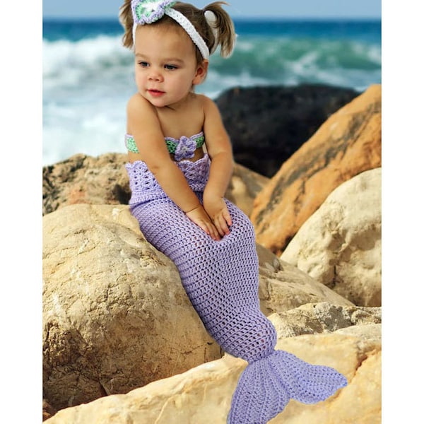 Crochet Baby Mermaid Tail Pattern - Mermaid Photo Prop - Baby Bikini Top- Baby Flower Headband by Deborah O'Leary Patterns  - English Only