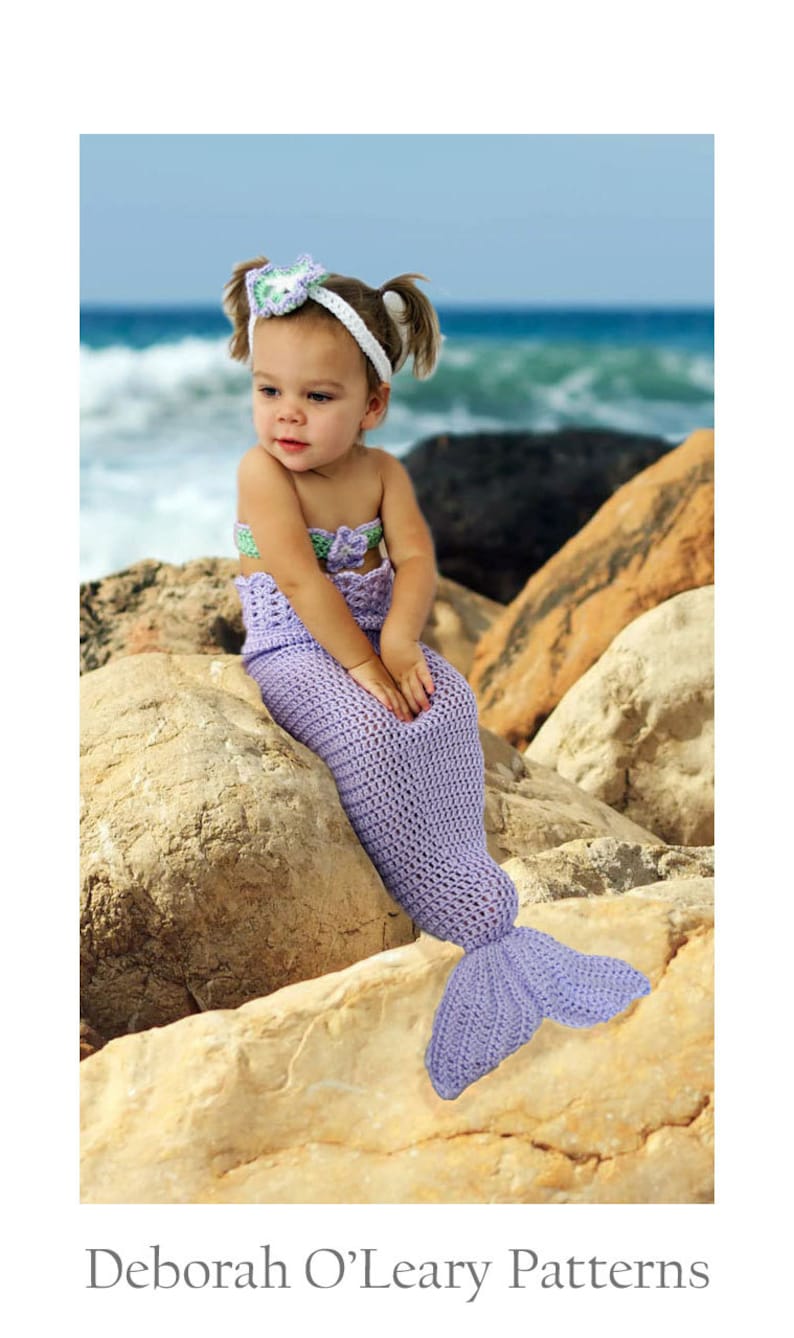 Crochet Baby Mermaid Tail Pattern Mermaid Photo Prop Baby Bikini Top Baby Flower Headband by Deborah O'Leary Patterns English Only image 1