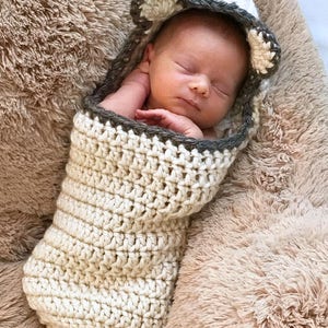 Crochet Cocoon Pattern, Newborn Photo Prop, EASY, Chunked Bear Cocoon Bulky Yarn Swaddle Sack by Deborah O'Leary English Only image 3