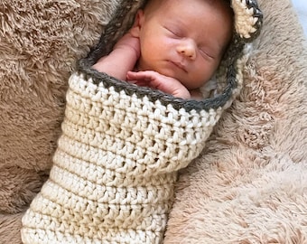 Crochet Cocoon Pattern, Newborn Photo Prop, EASY, Chunked Bear Cocoon - Bulky Yarn - Swaddle Sack -by Deborah O&#39;Leary - English Only