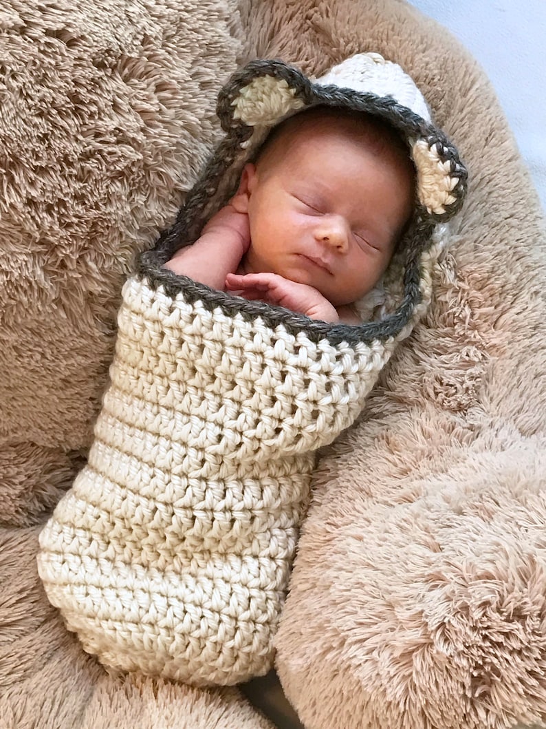 Crochet Cocoon Pattern, Newborn Photo Prop, EASY, Chunked Bear Cocoon Bulky Yarn Swaddle Sack by Deborah O'Leary English Only image 3