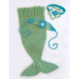 Crochet Baby Mermaid Tail Pattern Mermaid Photo Prop Baby Bikini Top Baby Flower Headband by Deborah O'Leary Patterns English Only image 2