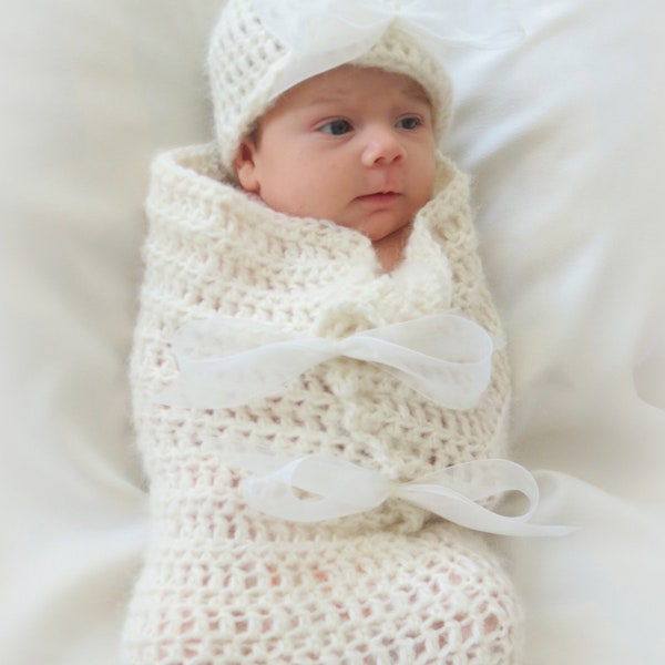 Crochet Baby Cocoon and Hat Pattern - Newborn Photo Prop - CROCHET PATTERN - Baby Bows - Crochet Patterns by Deborah O'Leary - English Only