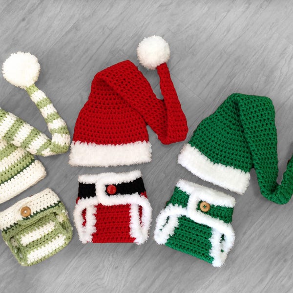 Modello per copertura del pannolino all'uncinetto, Cappello da Babbo Natale e da elfo all'uncinetto - Cappello per calza per bambini - Modelli all'uncinetto di Deborah O'Leary - Solo in inglese