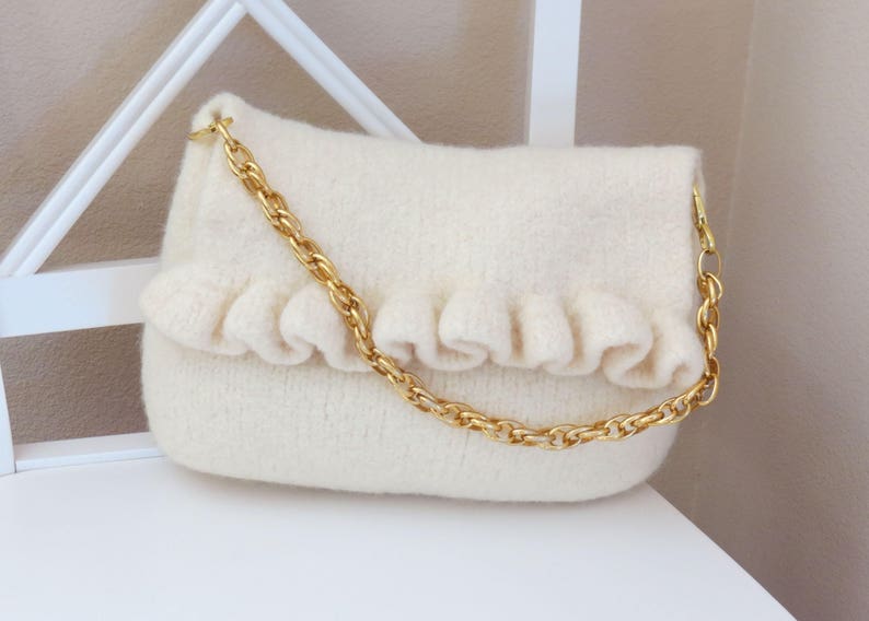 Felted Purse Pattern, Knit Bag Pattern, Felted Purse, Knitted Purse White Ruffle Knitting Pattern by Deborah O'Leary English Only image 4