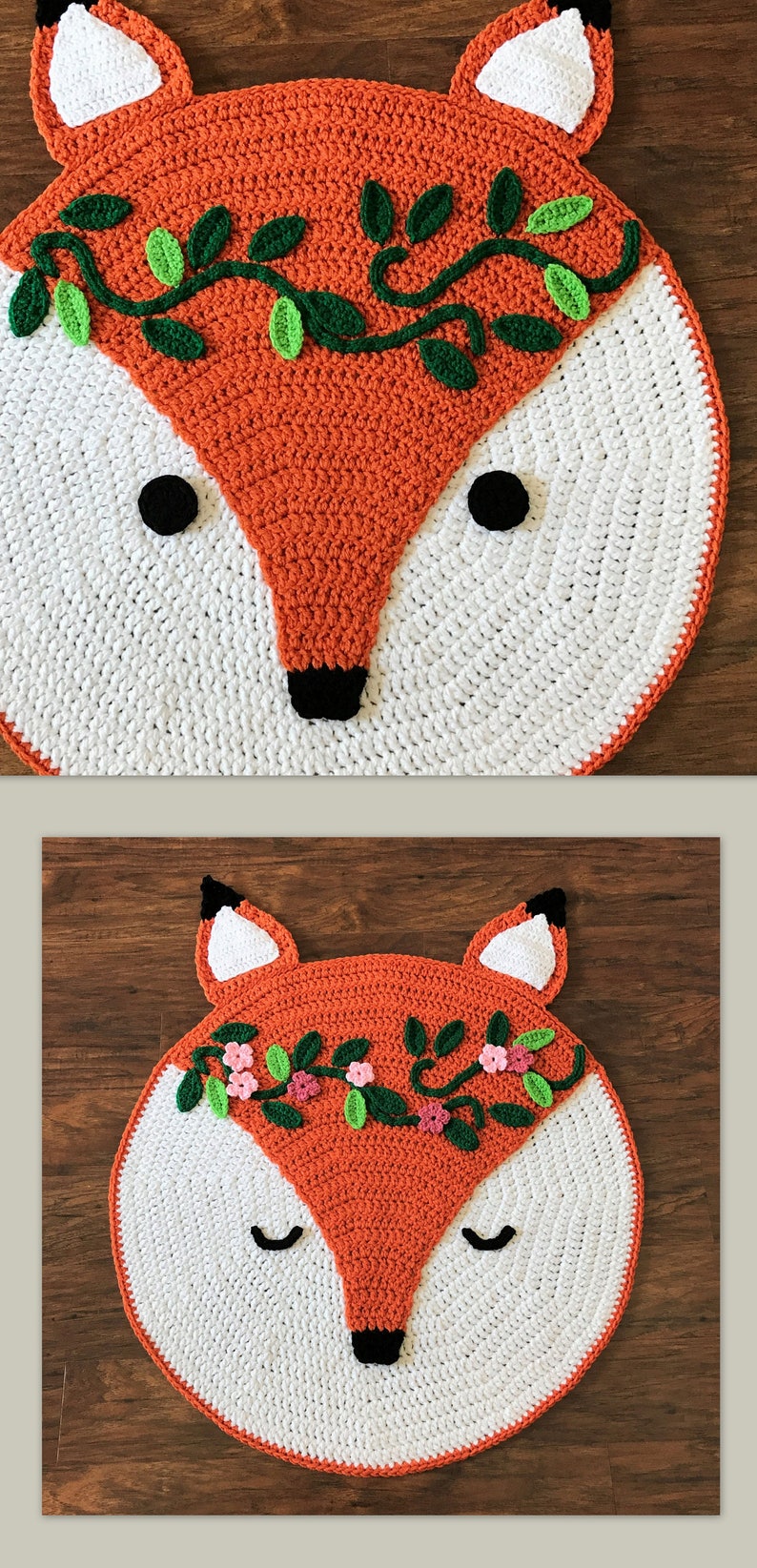May include: A crocheted fox rug with a white background and orange face. The fox has green leaves and pink flowers around its head.