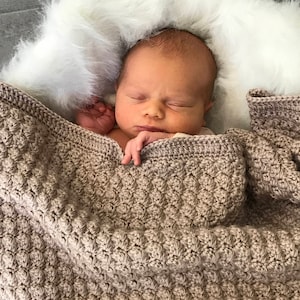 May include: A newborn baby sleeping peacefully in a brown crocheted blanket inside a white faux fur-lined basket.