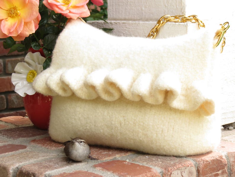 Felted Purse Pattern, Knit Bag Pattern, Felted Purse, Knitted Purse White Ruffle Knitting Pattern by Deborah O'Leary English Only image 2