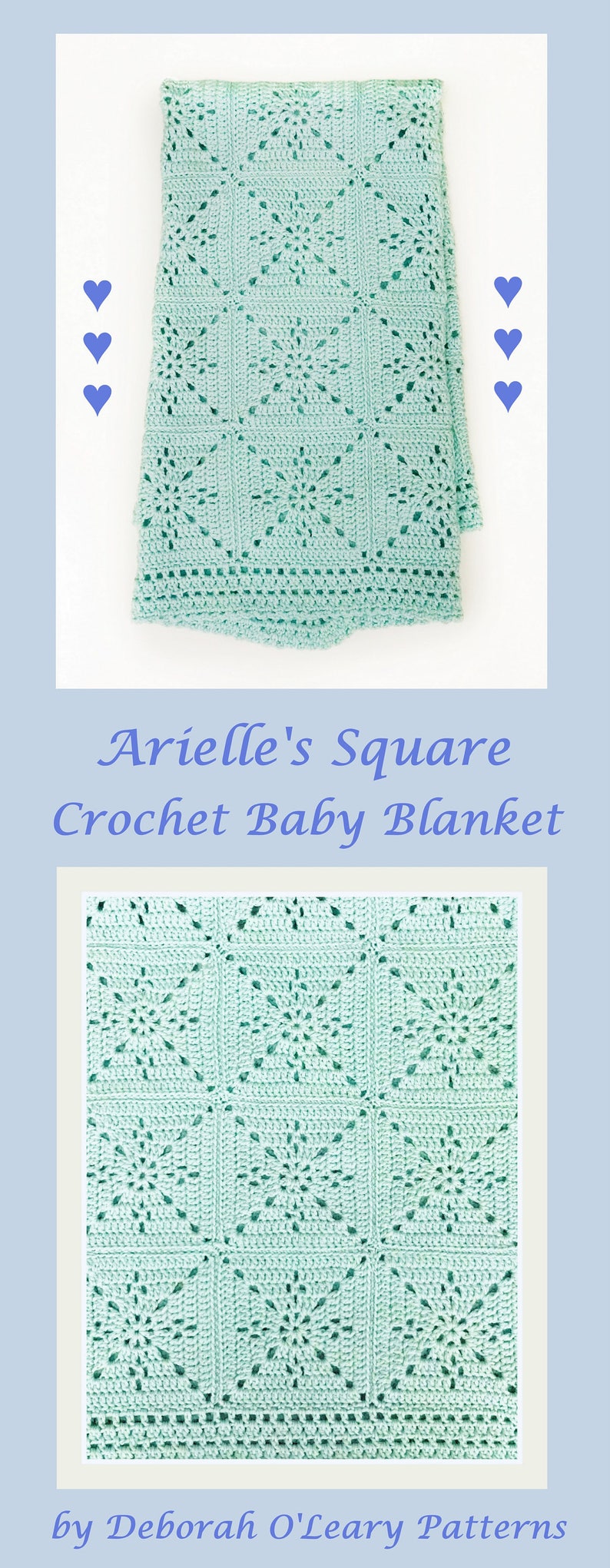 May include: A light blue crochet baby blanket with a square pattern. The blanket is made with a delicate stitch and has a soft, airy feel. The blanket is perfect for a baby shower gift or for a new baby.