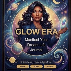 May include: A digital journal cover titled GLOW ERA Manifest Your Dream Life Journal. It features a person with long dark hair in a dark blazer, holding a glowing crystal. The background shows planets, stars, and text: 30 Days of Vision, Scripting & Aligned Action, DREAM, SCRIPT, MANIFEST, 30-DAY MANIFESTATION JOURNEY, and For GoodNotes, Notability & any PDF reader.