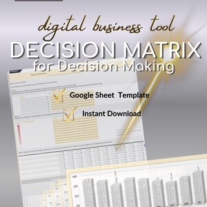 May include: A digital business tool titled "DECISION MATRIX for Decision Making" with a Google Sheet Template and Instant Download. The image features charts and graphs, with a gold and white color scheme. The Atelier Lifeground logo is in the top left corner.