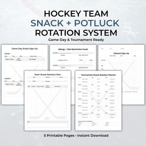Könnte beinhalten: Ein Satz von fünf bedruckbaren Seiten für das Snack- und Potluck-Rotationssystem eines Hockeyteams. Die Seiten umfassen Anmeldeformulare, Karten für Allergien und Diätbeschränkungen sowie einen Turnier-Snackplaner. Der Text lautet "Hockey Team Snack + Potluck Rotation System".