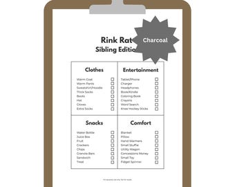 Rink Rat Checklist | Hockey Game Printable | Charcoal Version | Kids Packing List | Instant Download PDF