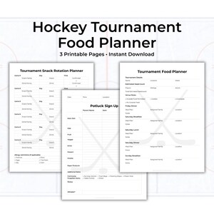 Könnte beinhalten: Ein weißer, druckbarer Hockey-Turnier-Essensplaner mit drei Seiten. Die Seiten umfassen einen Snack-Rotationsplaner, ein Potluck-Anmeldeformular und einen Turnier-Essensplaner. Der Text "Hockey Tournament Food Planner" steht oben.