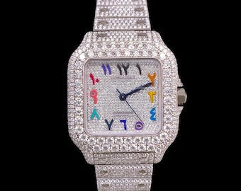 Gefrorene Regenbogen Moissanite Uhr, Automatik Hip Hop Silber Luxusuhr