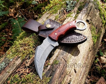 Handmade Damascus Steel Karambit Knife, Pakka Wood Handle, Leather Sheath