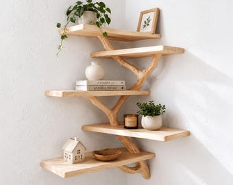 scaffale angolare in legno di recupero stile Montessori, mobile artigianale, mensole a muro uniche