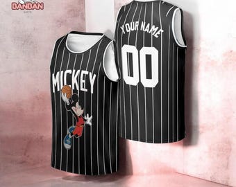 Camiseta de baloncesto de Mickey Mouse con nombre y número personalizados, camiseta de rayas finas personalizada de Disney para niños y adultos.