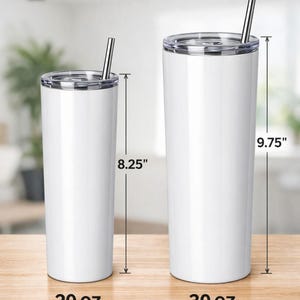 two white tumblers of different sizes, with the taller tumbler being 30 oz and the shorter one being 20 oz. The taller tumbler has a taller handle, and the shorter one has a shorter handle. The image provides a size comparison between the two tumblers.