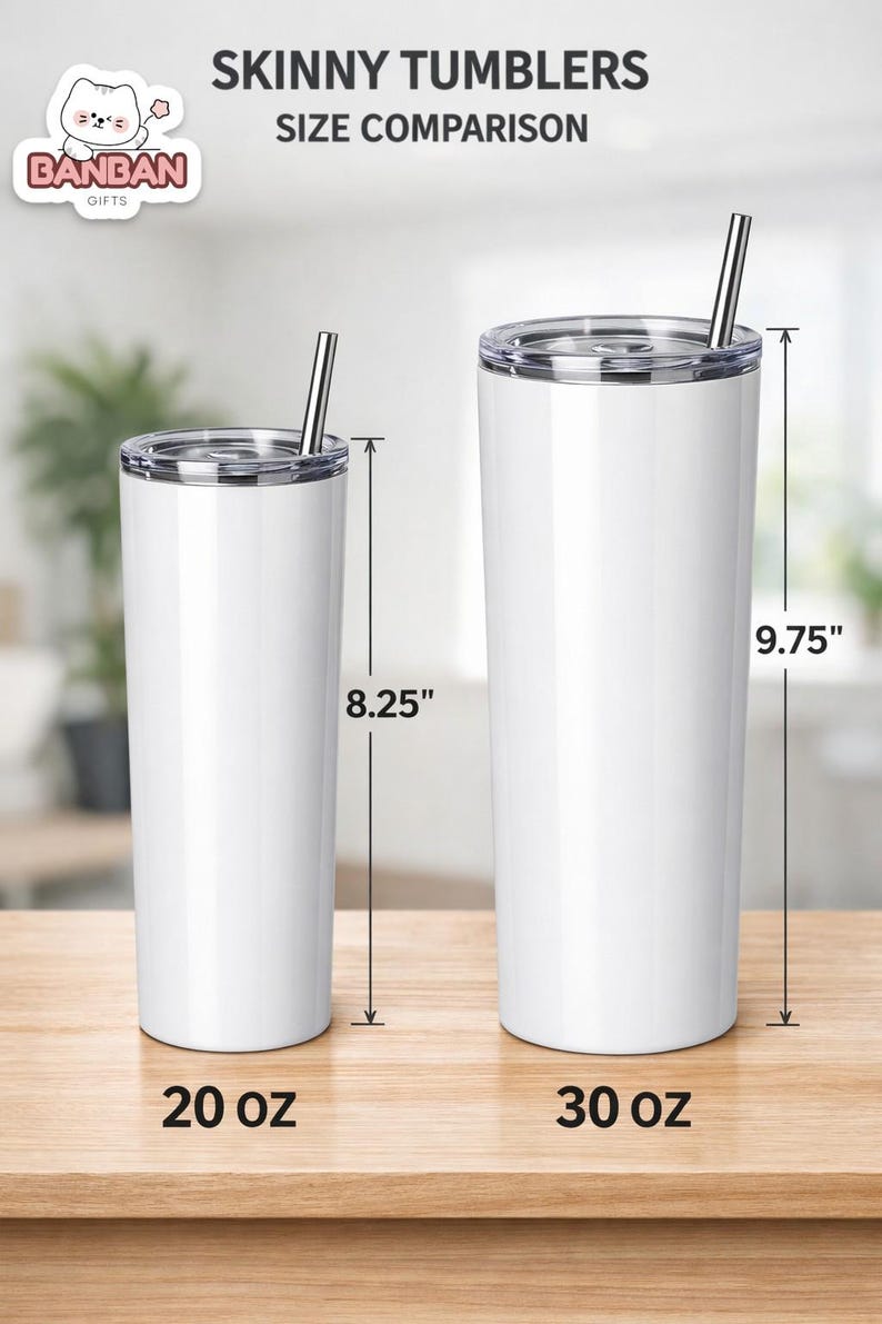 two white tumblers of different sizes, with the taller tumbler being 30 oz and the shorter one being 20 oz. The taller tumbler has a taller handle, and the shorter one has a shorter handle. The image provides a size comparison between the two tumblers.