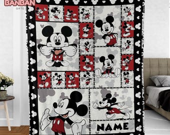 Personalized Mickey Mouse Patchwork Blanket, Custom Name Disney Quilt Style Blanket, Mickey Mouse Fleece Throw, Kids Disney Gift