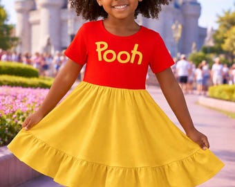 Disney Pooh Kids Dress, Winnie the Pooh Toddler Dress, Disney Outfit Girl, Birthday Dress Kids, Theme Park Outfit, Yellow Red Dress