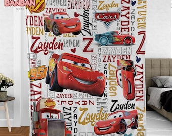 Lightning McQueen Cars Blanket – Custom Name Racing Throw, Personalized Kids Car Movie Blanket, Gift for Boys & Little Racers