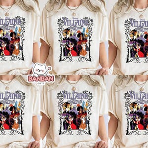 The image is a collage of six identical white t-shirts featuring the Disney villainous characters from the animated film " Villains World Tour".