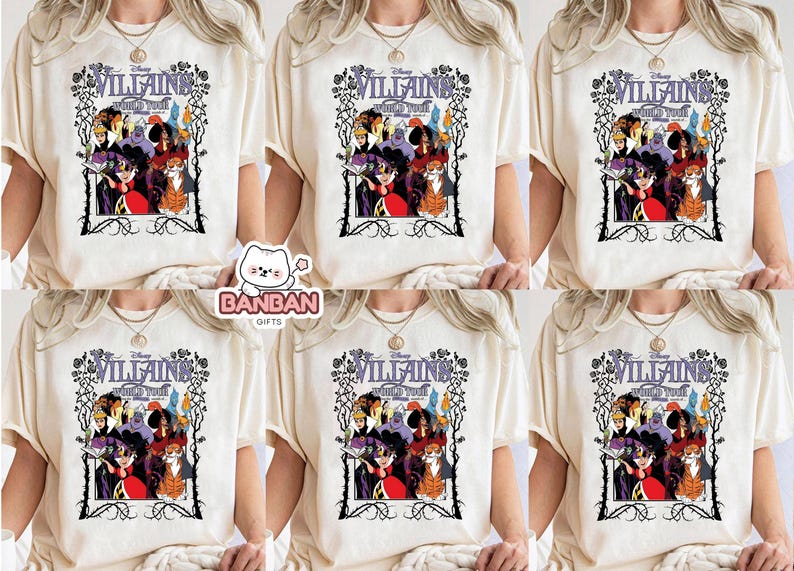 The image is a collage of six identical white t-shirts featuring the Disney villainous characters from the animated film " Villains World Tour".