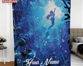 Personalized Mermaid Blanket with Name, Ocean Fantasy Mermaid Throw Blanket, Custom Kids Blanket for Girl, Birthday Christmas Gift