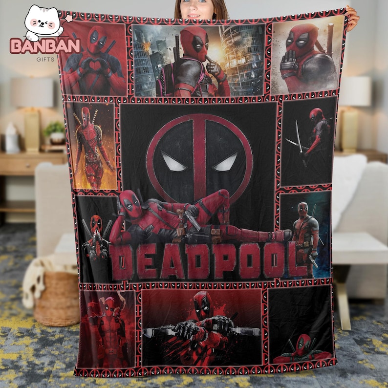 The image is a quilt or blanket featuring various images of the Marvel superhero character Deadpool, including his iconic red and black costume, the iconic red and black mask, and various other images of him in different poses and settings.