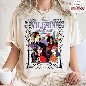 A white t-shirt with a graphic design featuring characters from the Disney animated film " Villains: World Tour".