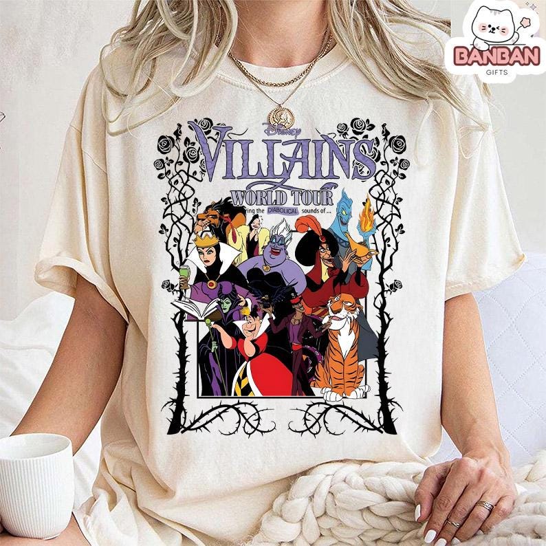 A white t-shirt with a graphic design featuring characters from the Disney animated film " Villains: World Tour".