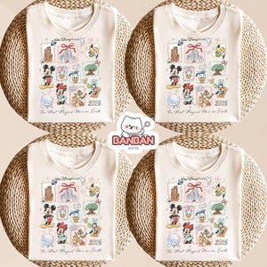 The image is a collage of four identical white t-shirts, each featuring a Disney-themed design with various Disney characters and the text "Disneyworld" and "The Most Magical Place on Earth".